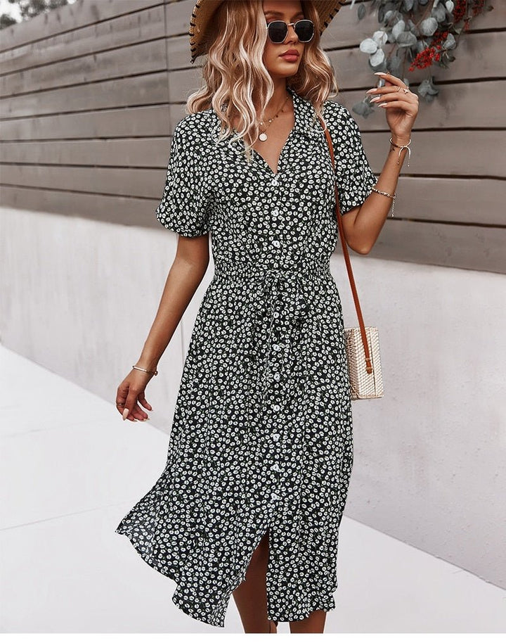 Abito Midi Donna Cotone Lacci Bottoni Stile Casual