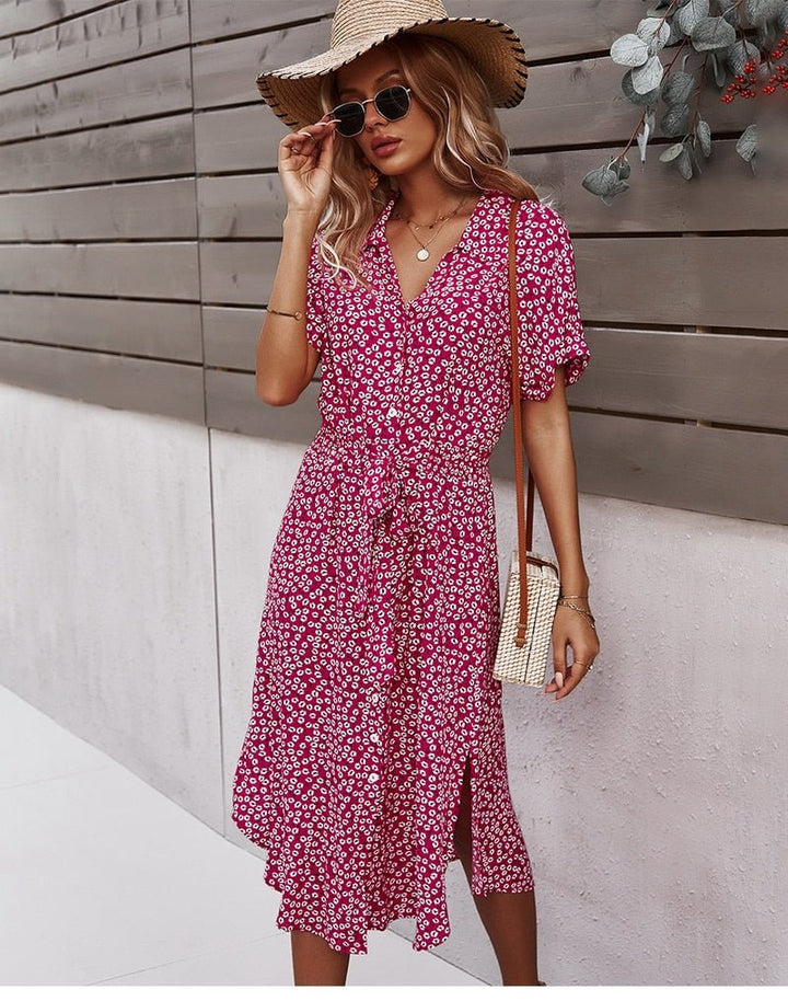 Abito Midi Donna Cotone Lacci Bottoni Stile Casual
