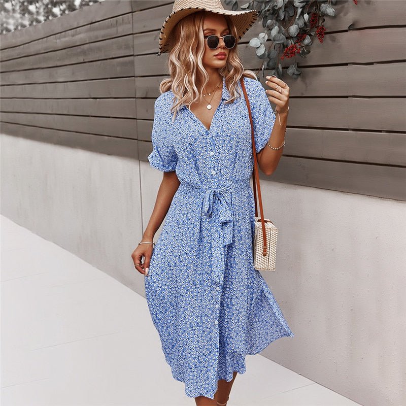 Abito Midi Donna Cotone Lacci Bottoni Stile Casual