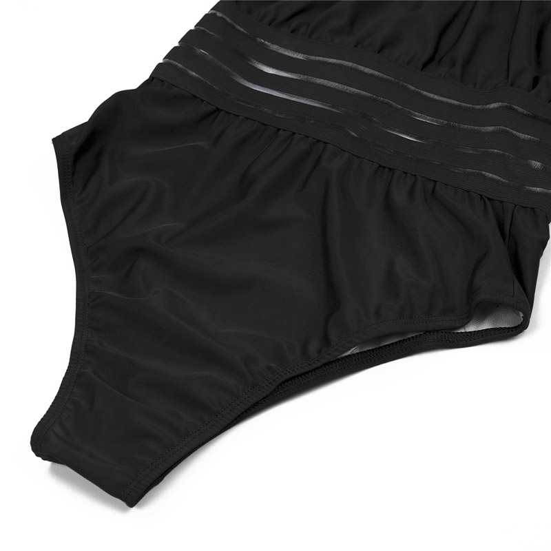 Costume intero nero da donna con dettagli trasparenti, design elegante e moderno, perfetto per nuoto e spiaggia. Tessuto di alta qualità.