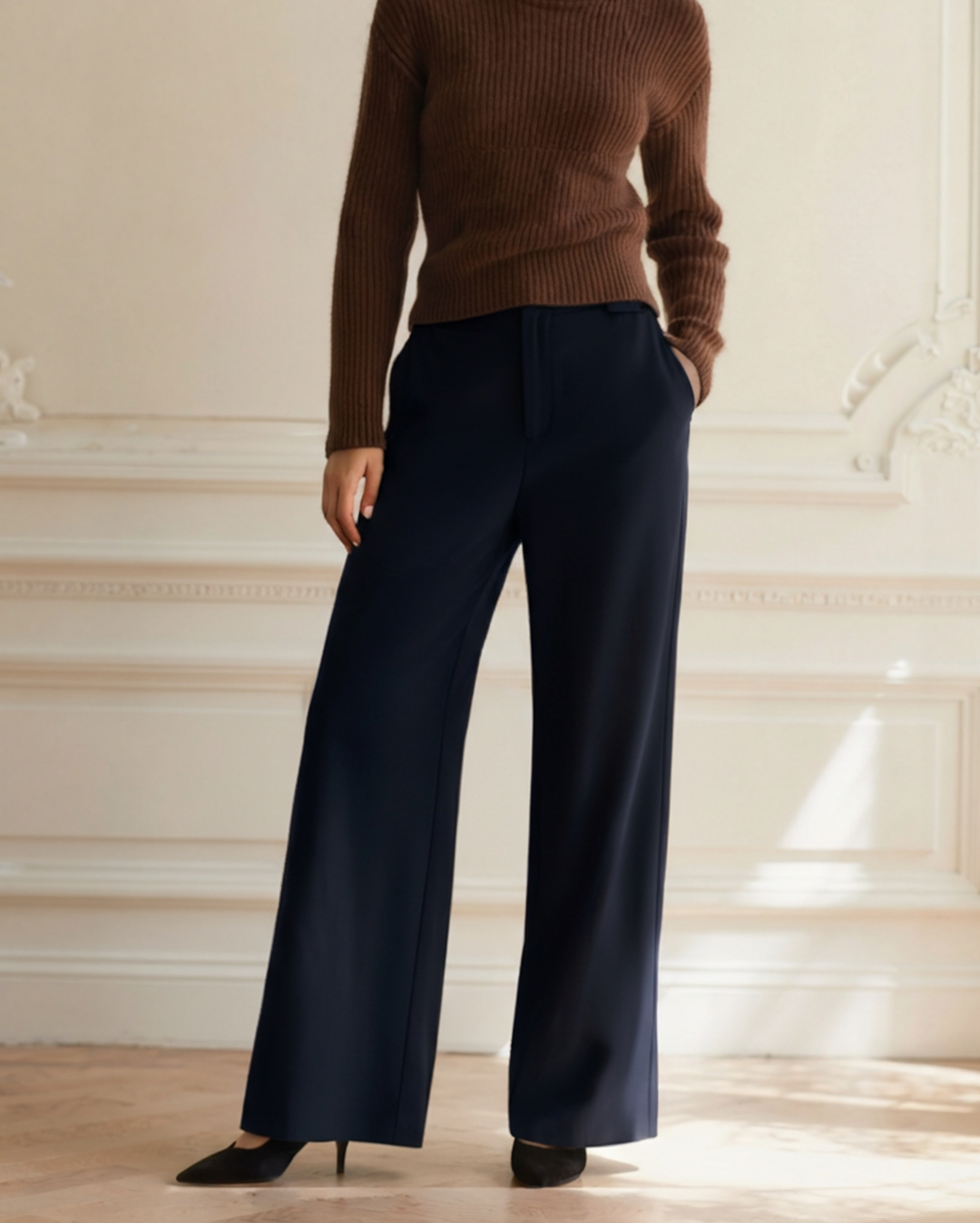 Pantaloni Donna Gamba Larga Tessuto Morbido Vestibilità Elegante