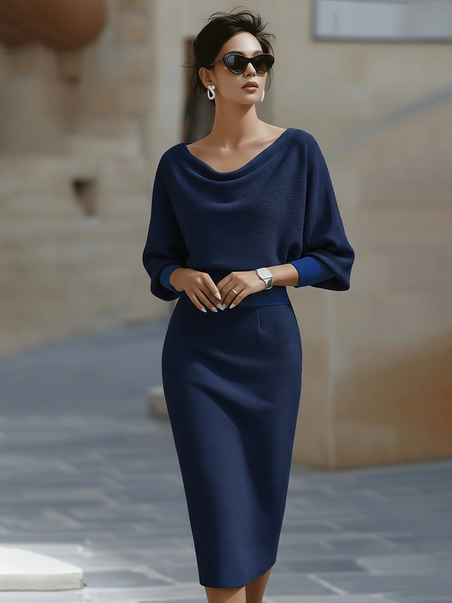 Abito Midi Donna Maniche a Pipistrello Drappeggiate
