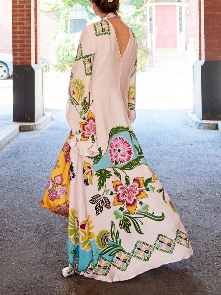 Abito Maxi Donna Floreale Manica Lunga Scollo Alto Fluente