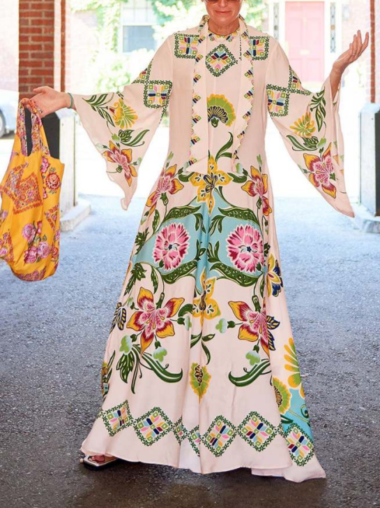 Abito Maxi Donna Floreale Manica Lunga Scollo Alto Fluente