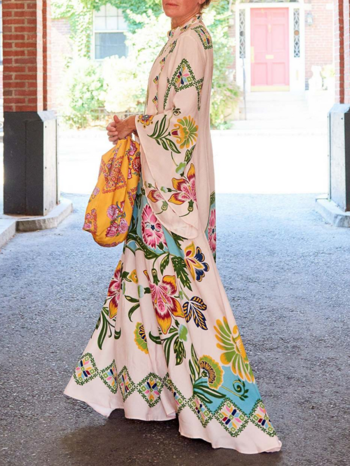 Abito Maxi Donna Floreale Manica Lunga Scollo Alto Fluente