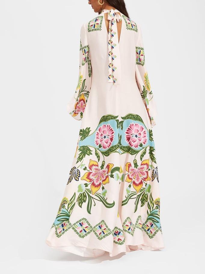 Abito Maxi Donna Floreale Manica Lunga Scollo Alto Fluente