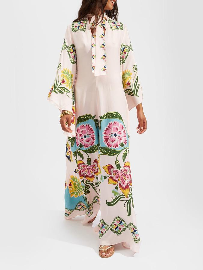 Abito Maxi Donna Floreale Manica Lunga Scollo Alto Fluente