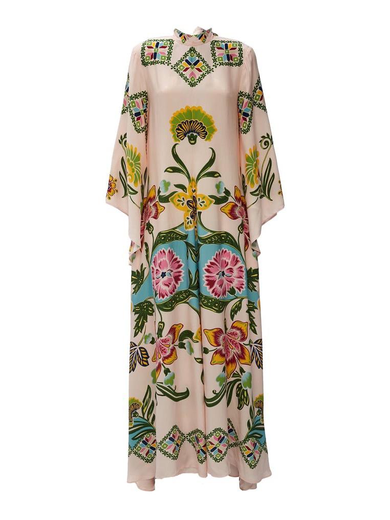 Abito Maxi Donna Floreale Manica Lunga Scollo Alto Fluente