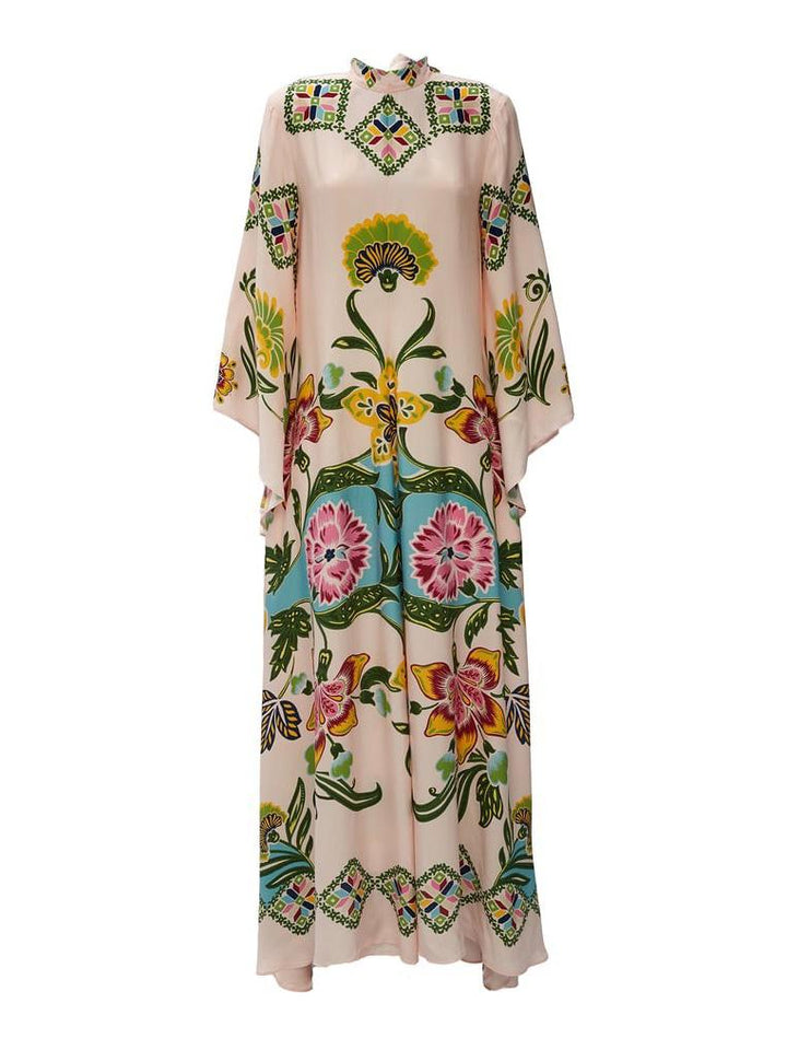 Abito Maxi Donna Floreale Manica Lunga Scollo Alto Fluente