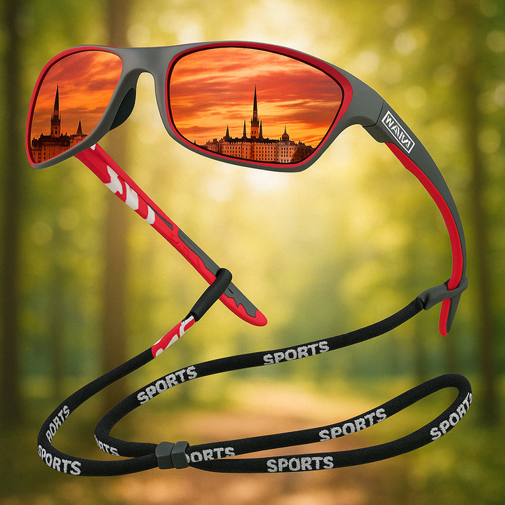 Occhiali da sole sportivi rossi con lenti a specchio, montatura grigia, cinturino nero "SPORTS", riflesso di skyline urbano al tramonto.