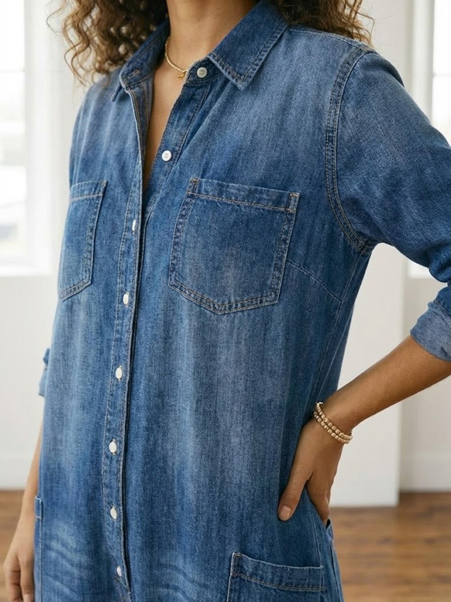 Tuta Donna Denim Lavato Stile Utility Casual Bottoni