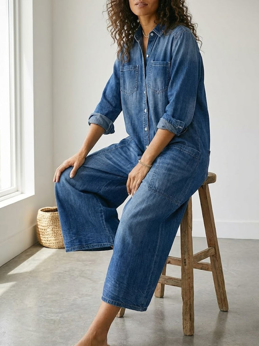Tuta Donna Denim Lavato Stile Utility Casual Bottoni
