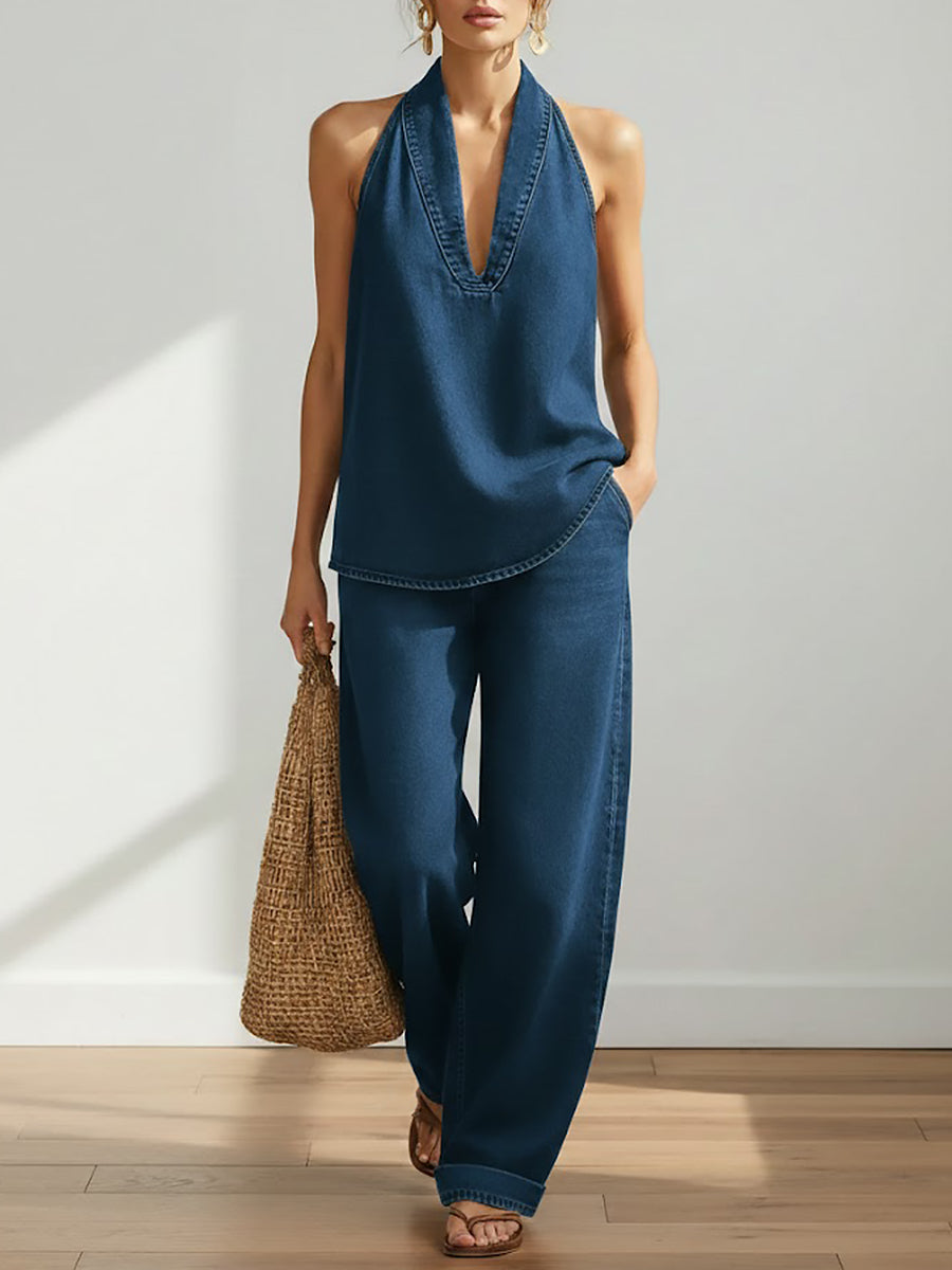 Completo Donna Due Pezzi Denim Stile Casual Minimalista