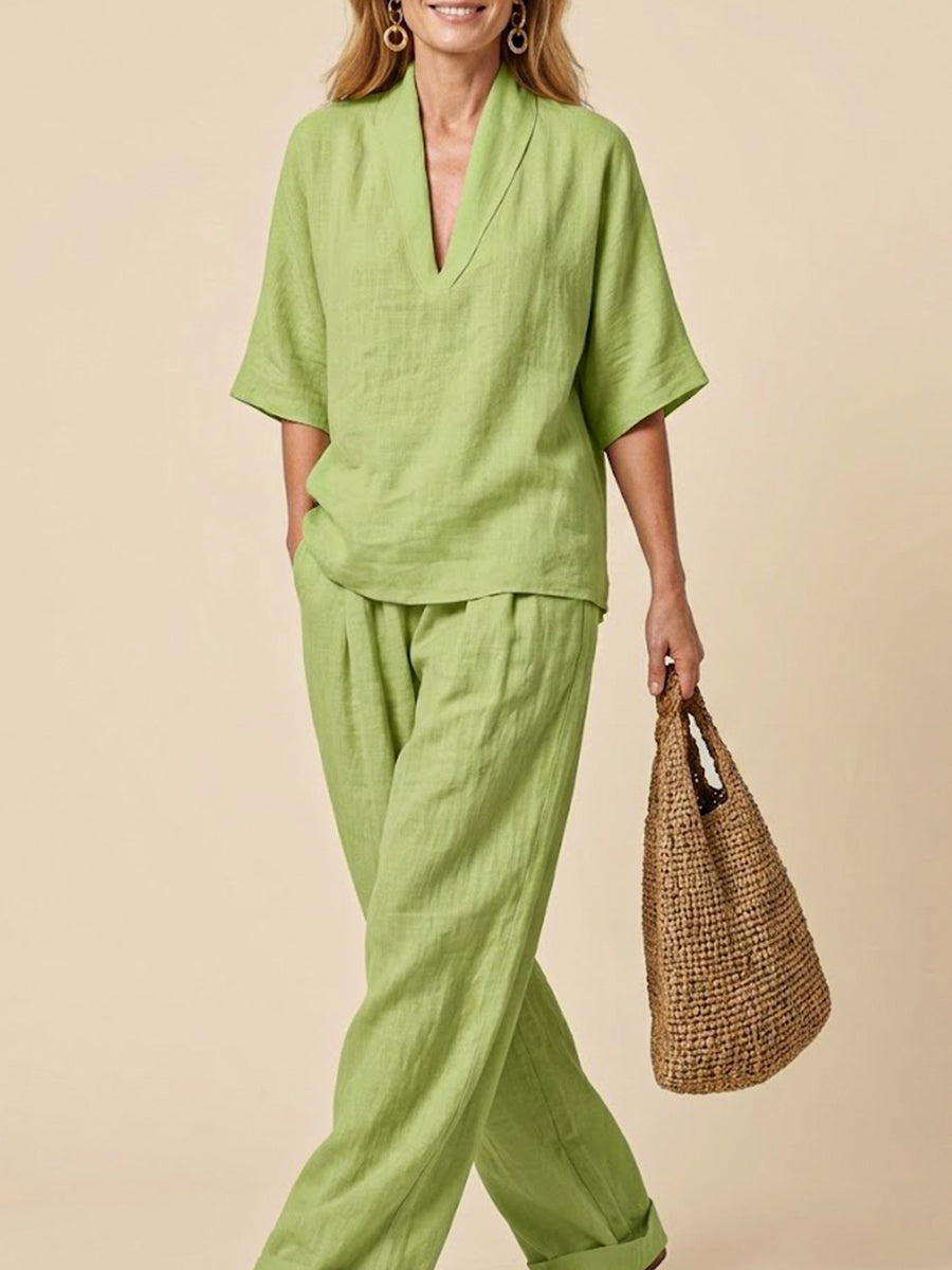 Completo Donna Due Pezzi in Lino Stile Casual Vestibilità Confortevole