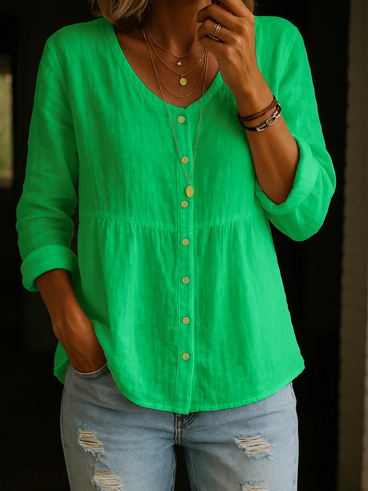 Camicia Donna in Misto Lino Cotone Ampia Maniche Lunghe Scollo Rotondo