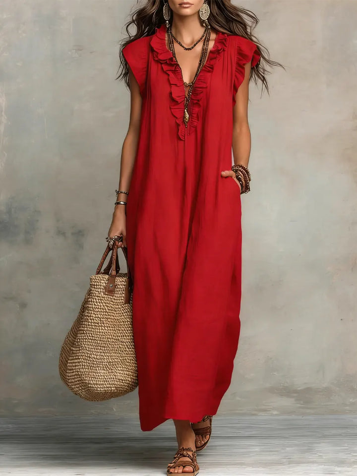 Abito Casual Donna Cotone Lino con Volant