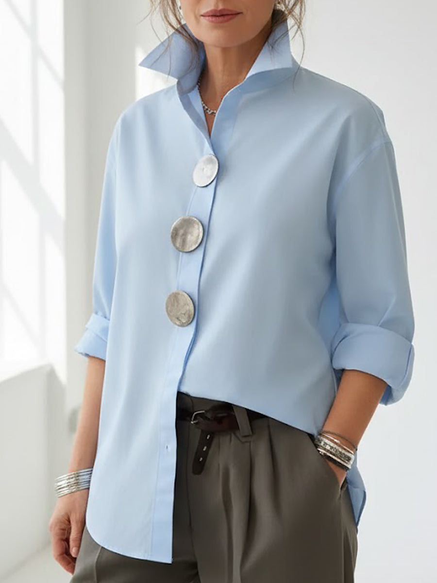 Blusa Donna Cotone e Lino Collo Coreano Stile Casual