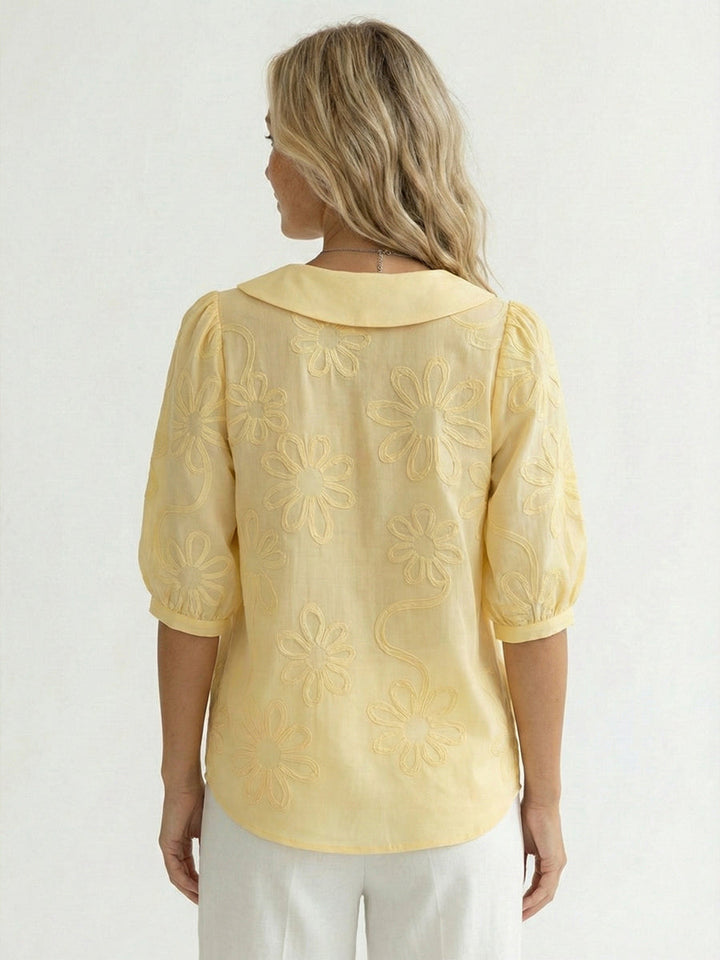 Camicia Donna Cotone Ricamo Floreale Colletto Peter Pan Casual