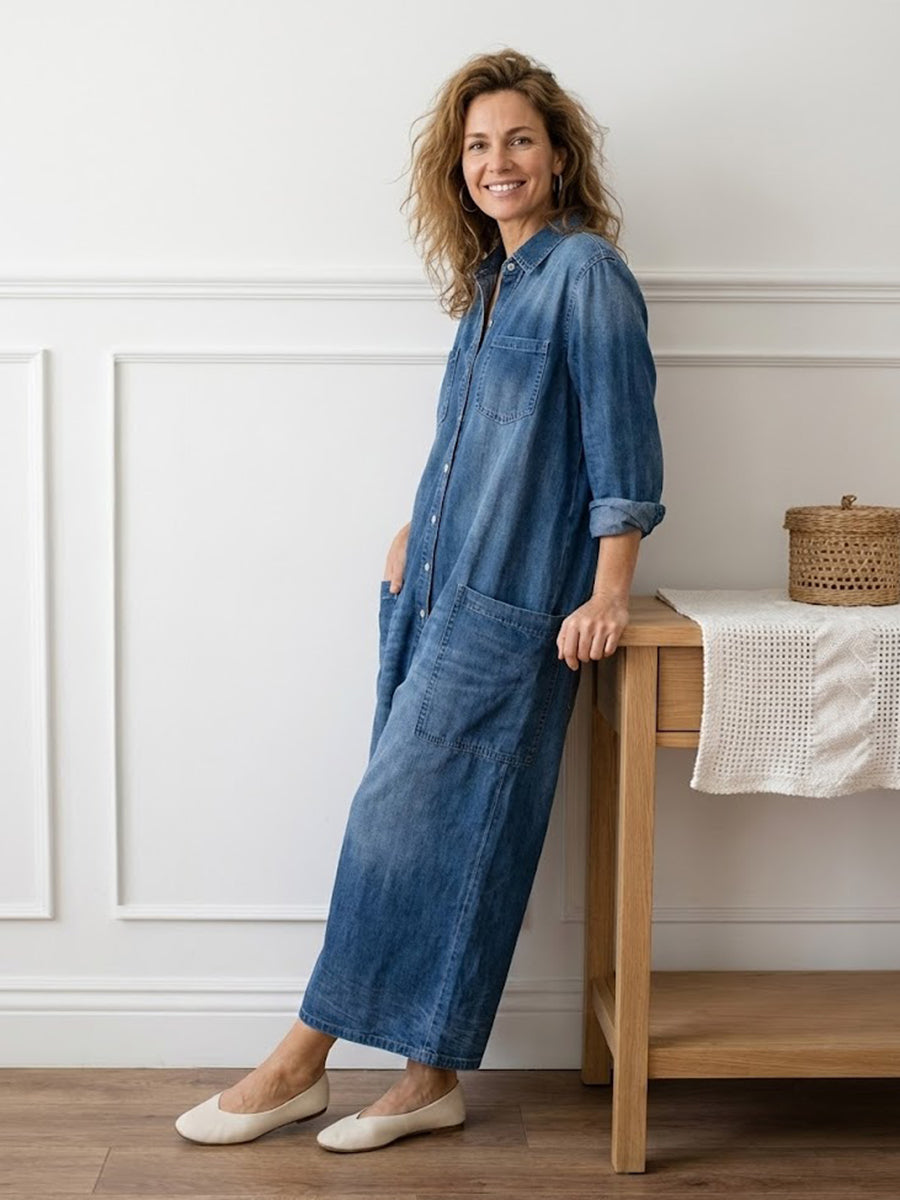 Tuta Donna Denim Lavato Stile Utility Casual Bottoni