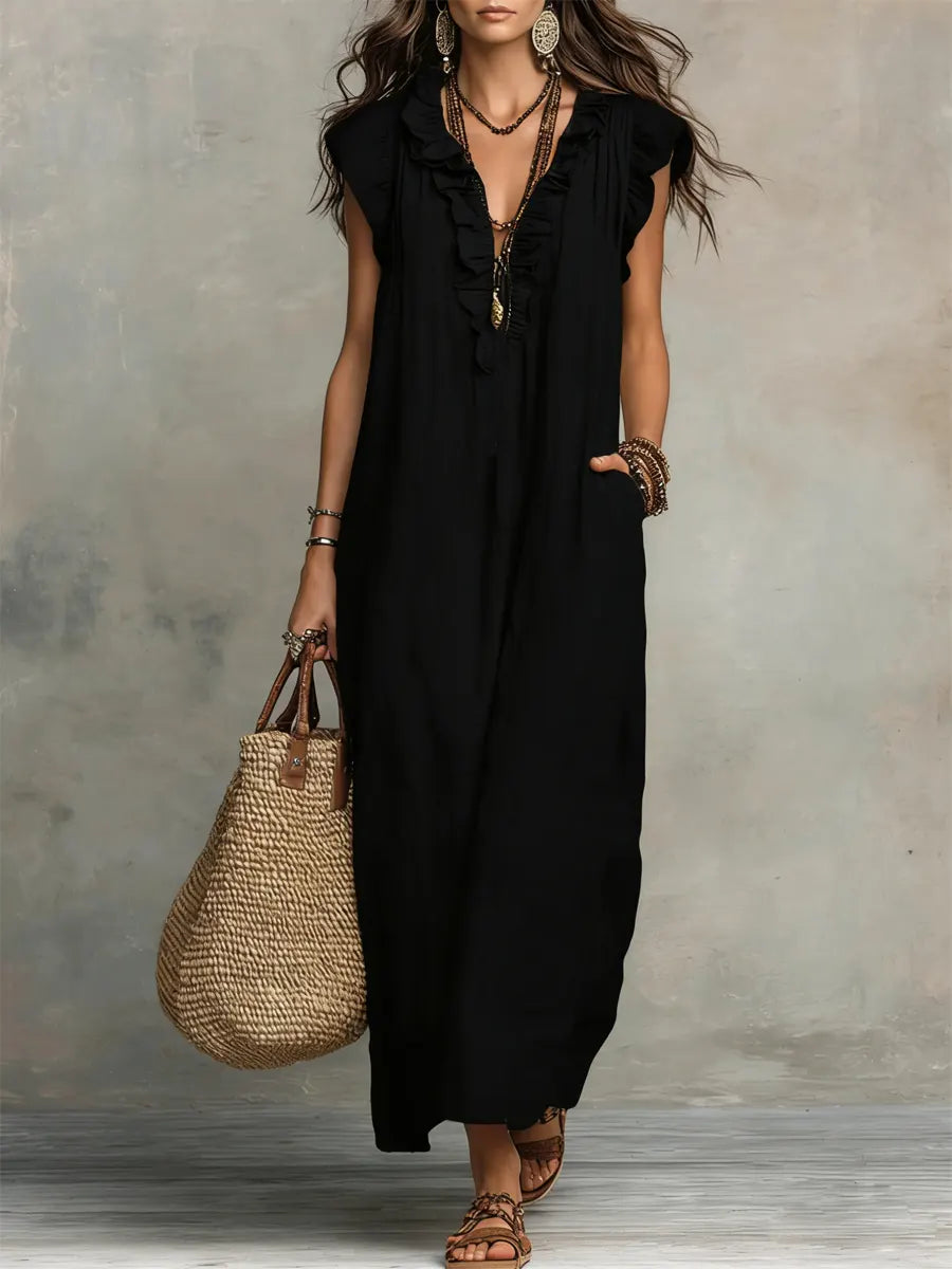 Abito Casual Donna Cotone Lino con Volant