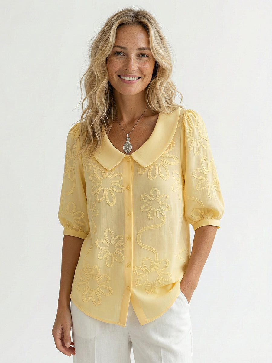 Camicia Donna Cotone Ricamo Floreale Colletto Peter Pan Casual - Vesarelli