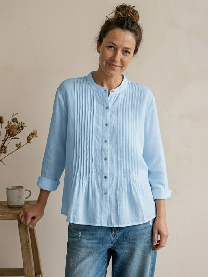 Camicia Donna Plissettata Cotone Lino Stile Estivo Casual Traspirante