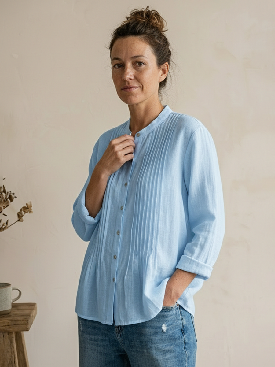 Camicia Donna Plissettata Cotone Lino Stile Estivo Casual Traspirante