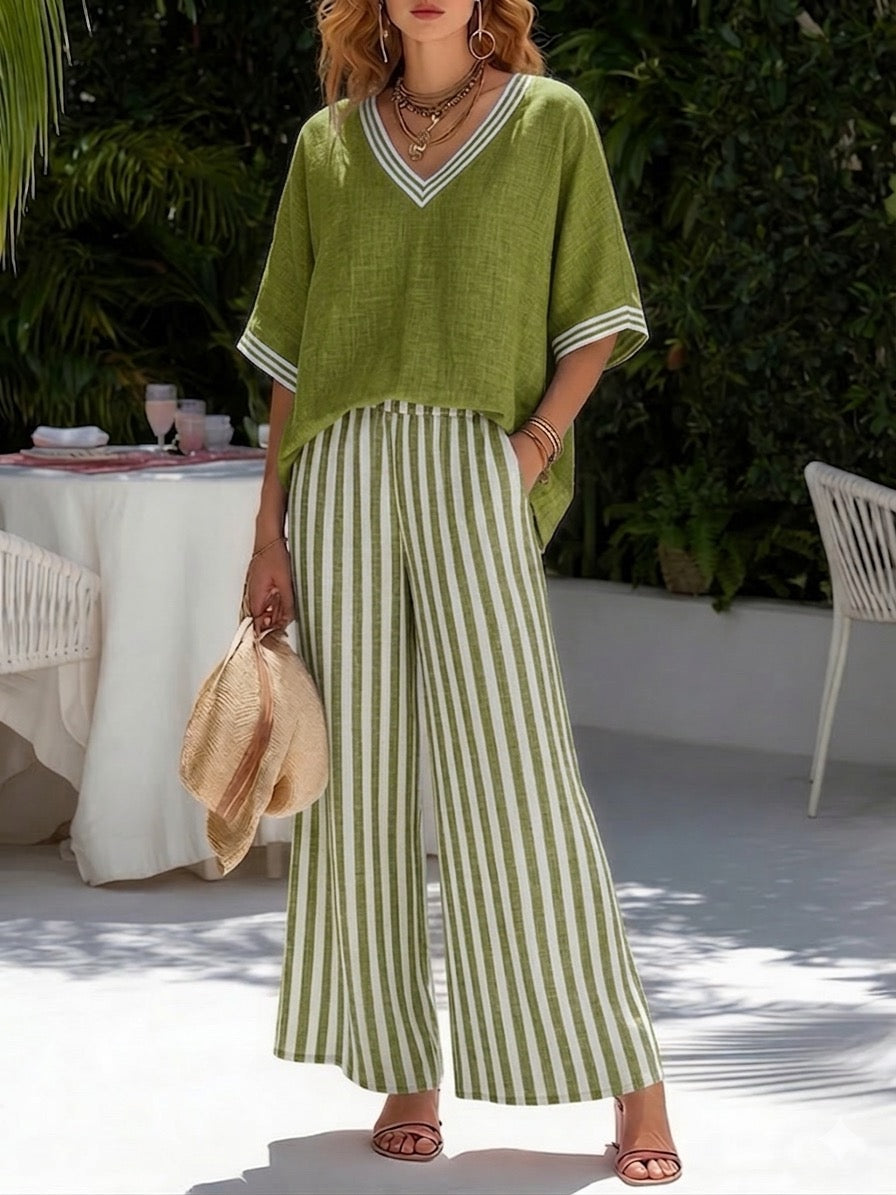 Completo Donna Lino e Cotone Rigato Patchwork Pantaloni