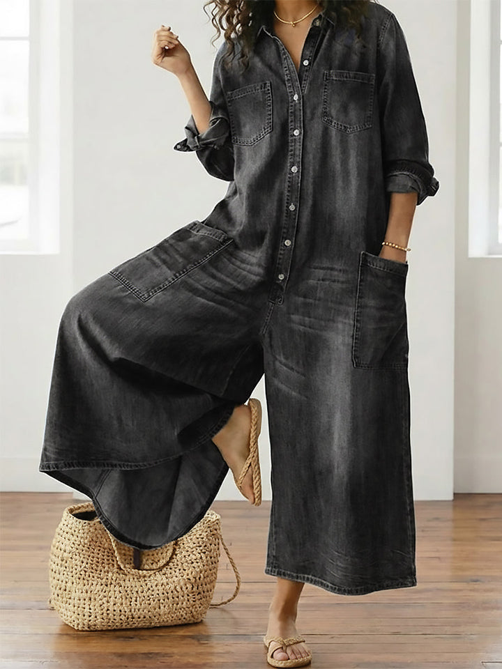 Tuta Donna Denim Lavato Stile Utility Casual Bottoni