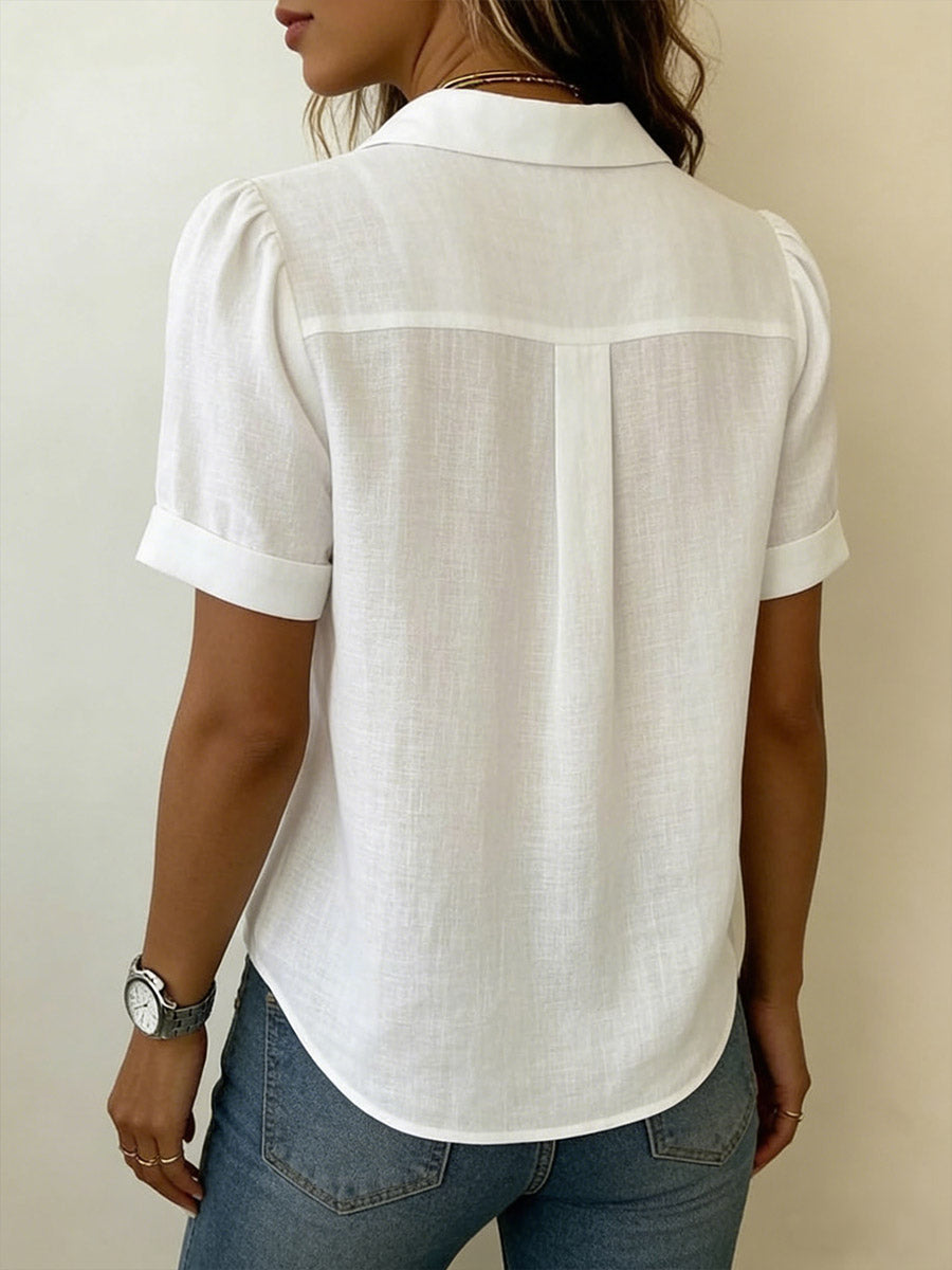 Camicia Donna Cotone Lino Manica Corta Colletto Classico