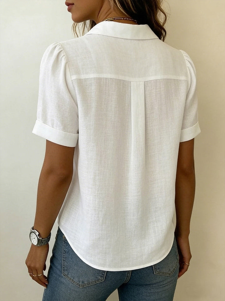 Camicia Donna Cotone Lino Manica Corta Colletto Classico