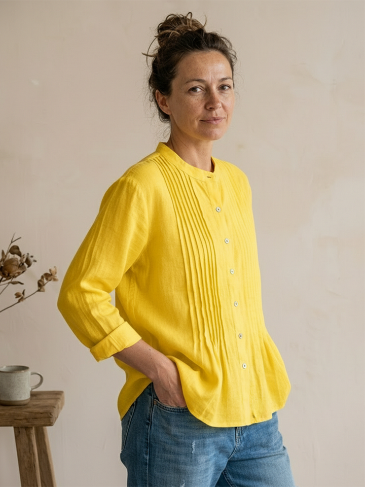 Camicia Donna Plissettata Cotone Lino Stile Estivo Casual Traspirante