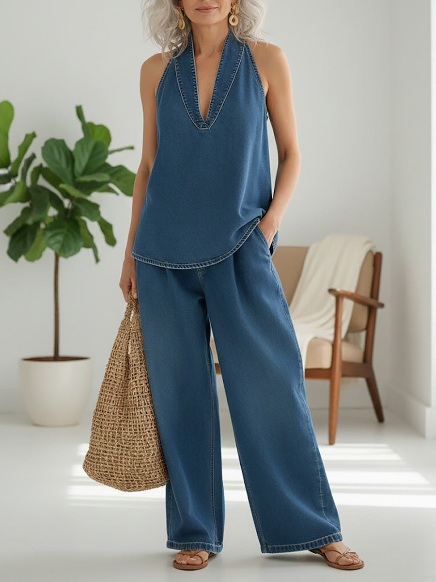Completo Donna Due Pezzi Denim Stile Casual Minimalista
