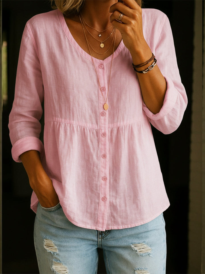 Camicia Donna in Misto Lino Cotone Ampia Maniche Lunghe Scollo Rotondo - Vesarelli
