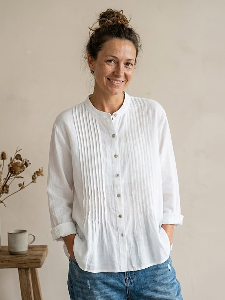 Camicia Donna Plissettata Cotone Lino Stile Estivo Casual Traspirante - Vesarelli