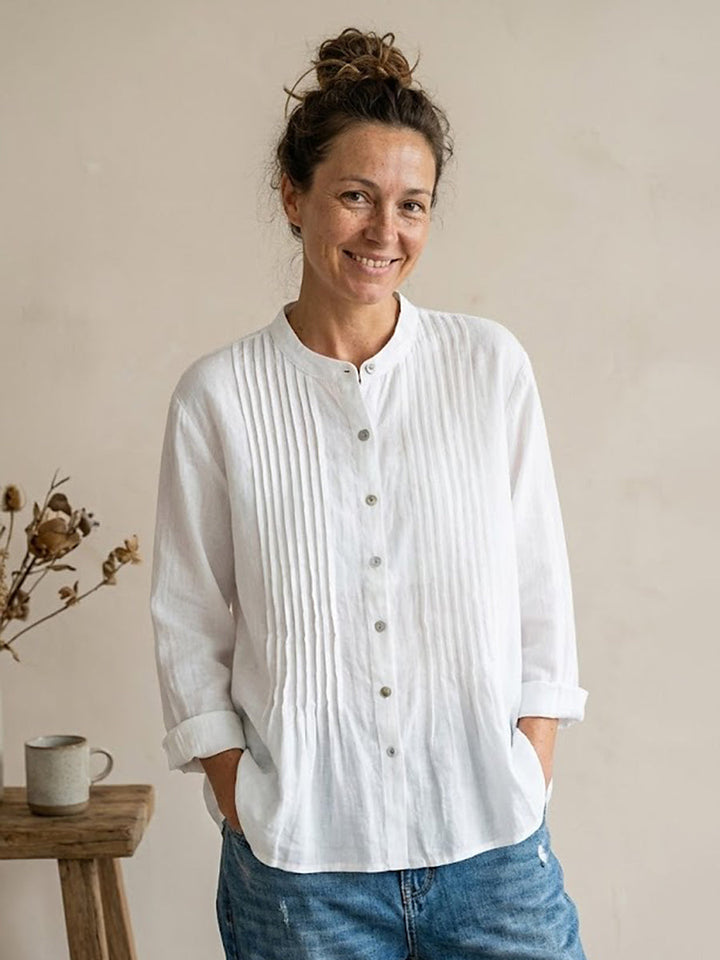 Camicia Donna Plissettata Cotone Lino Stile Estivo Casual Traspirante - Vesarelli
