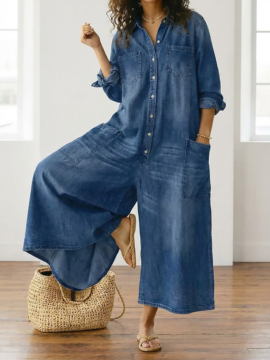 Tuta Donna Denim Lavato Stile Utility Casual Bottoni - Vesarelli