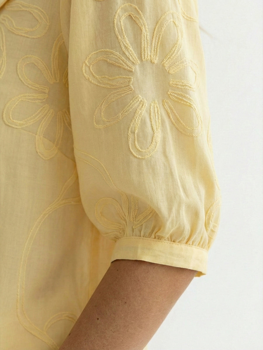 Camicia Donna Cotone Ricamo Floreale Colletto Peter Pan Casual
