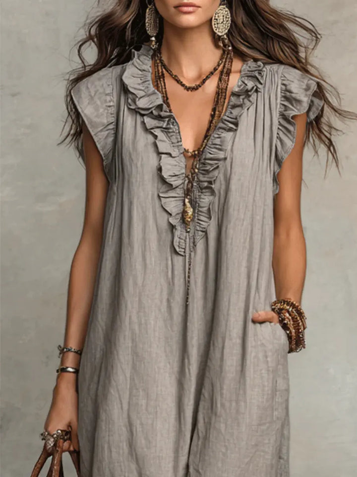 Abito Casual Donna Cotone Lino con Volant