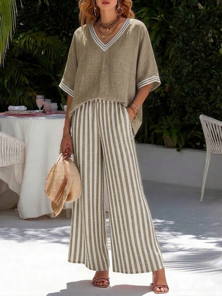 Completo Donna Lino e Cotone Rigato Patchwork Pantaloni