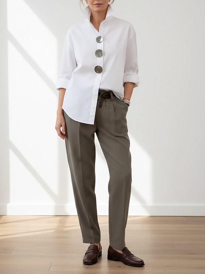Blusa Donna Cotone e Lino Collo Coreano Stile Casual