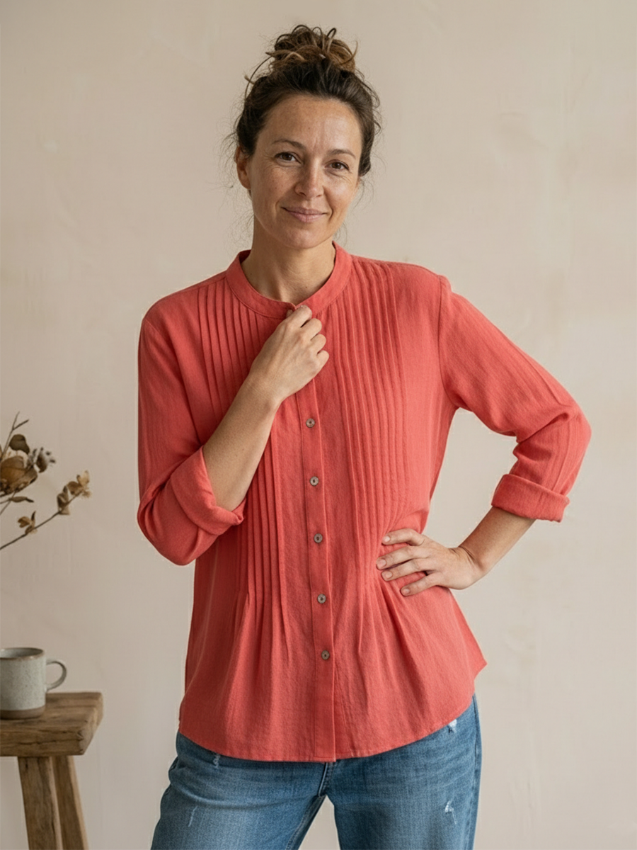 Camicia Donna Plissettata Cotone Lino Stile Estivo Casual Traspirante