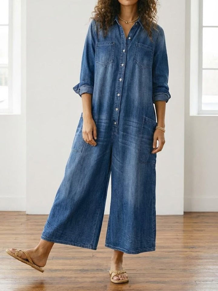 Tuta Donna Denim Lavato Stile Utility Casual Bottoni
