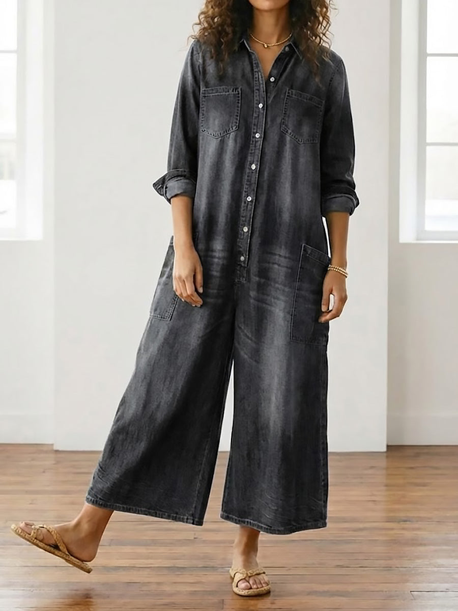Tuta Donna Denim Lavato Stile Utility Casual Bottoni