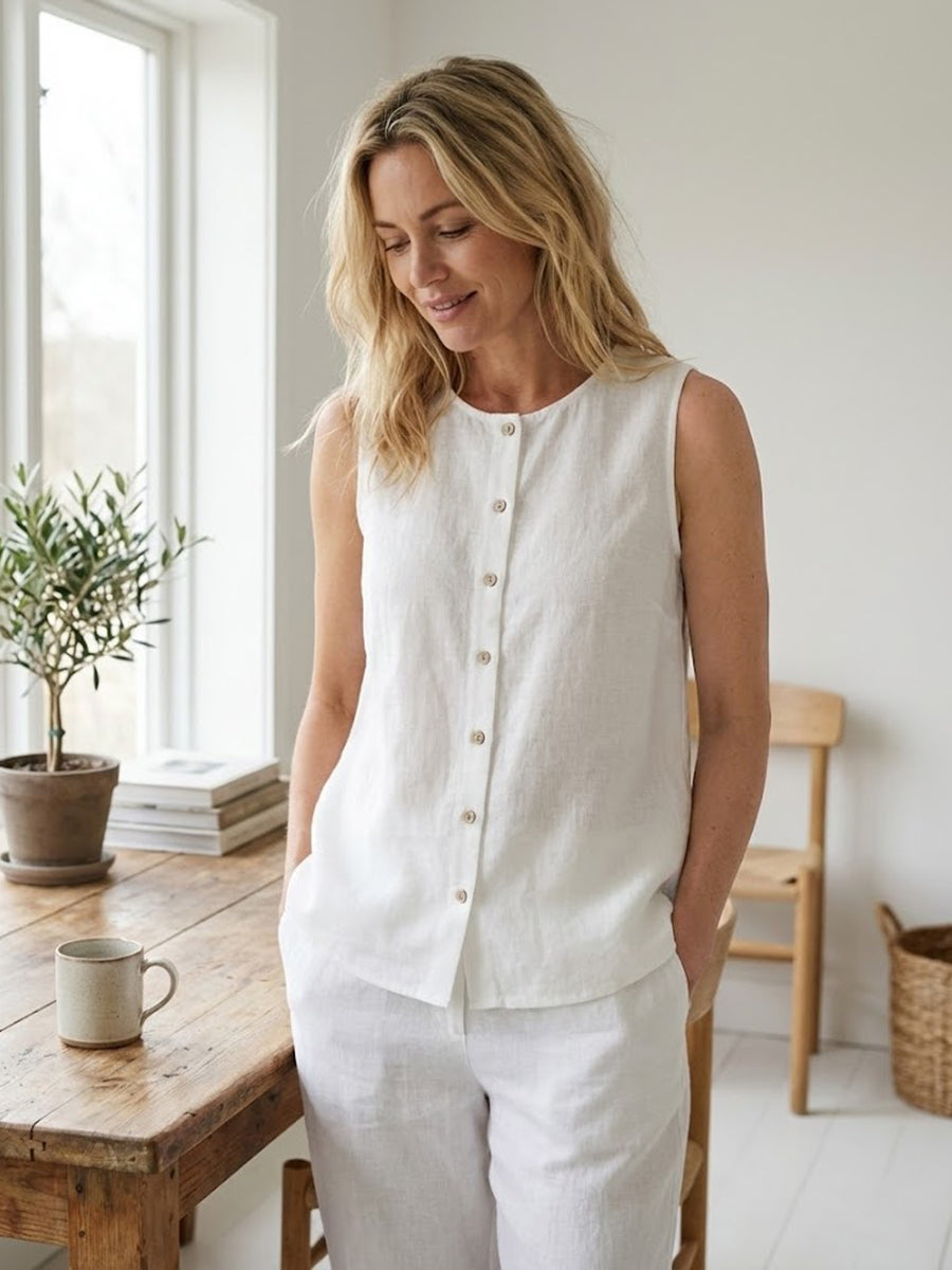Donna Lino Bottoni Stile Casual Leggero Traspirante - Vesarelli