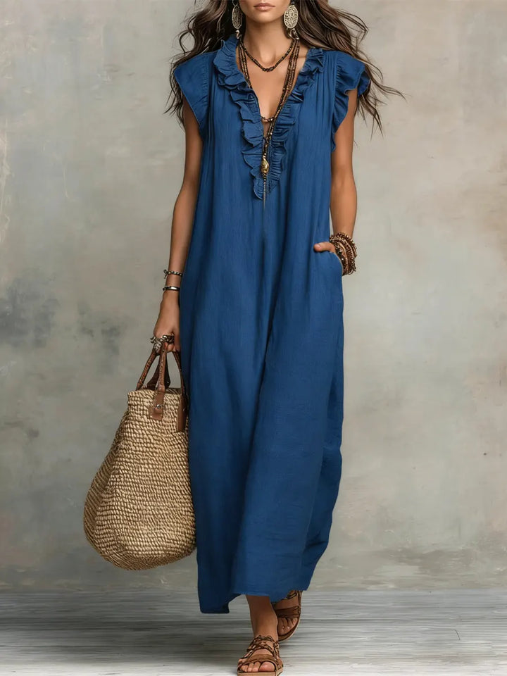 Abito Casual Donna Cotone Lino con Volant