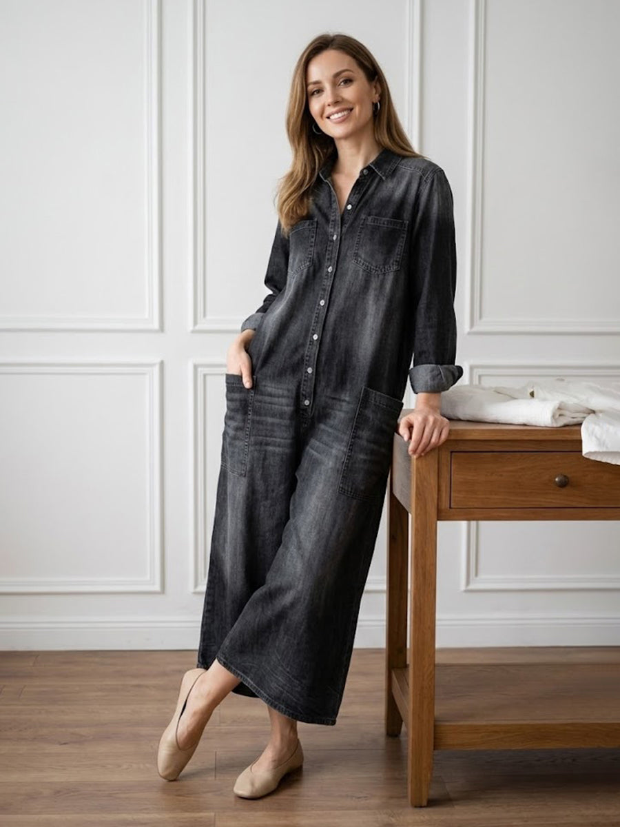 Tuta Donna Denim Lavato Stile Utility Casual Bottoni