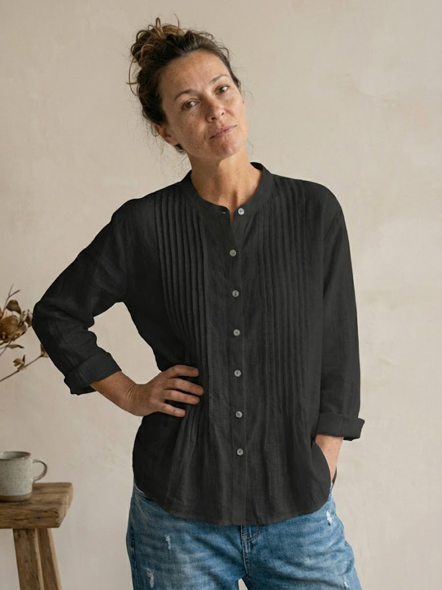 Camicia Donna Plissettata Cotone Lino Stile Estivo Casual Traspirante