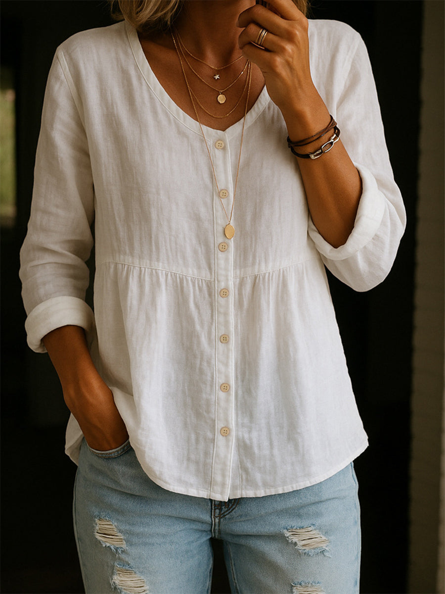 Camicia Donna in Misto Lino Cotone Ampia Maniche Lunghe Scollo Rotondo