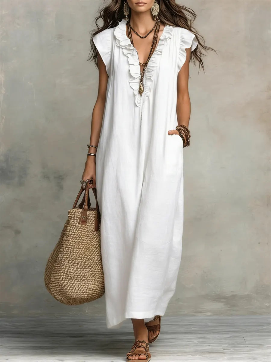 Abito Casual Donna Cotone Lino con Volant